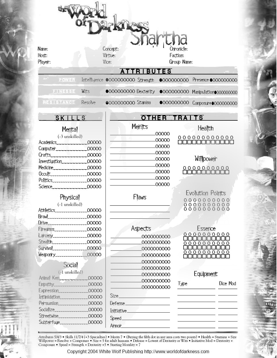 Vampire - The Masquerade - Character Sheet - 4 Page Character